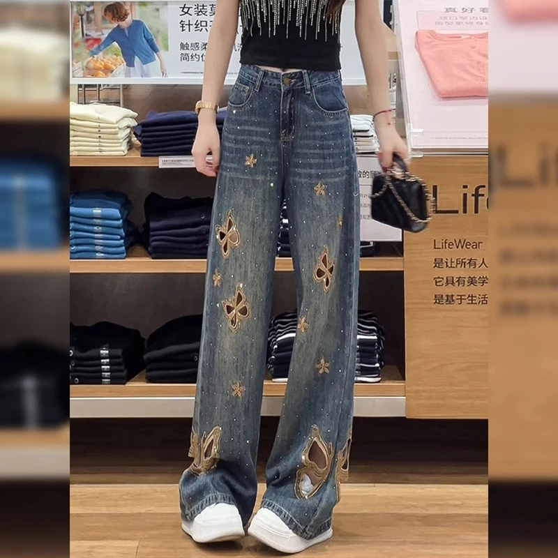 蝴蝶结镂空烫钻刺绣牛仔裤女夏季薄款美式高街宽松显瘦窄版直筒裤