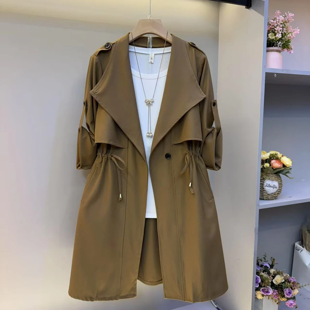 2025大码女装气质翻领收腰简约高级感显瘦风衣外套