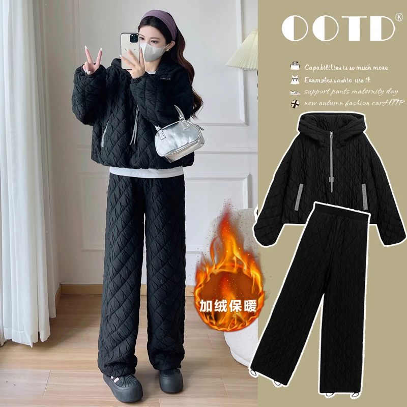 孕妇秋冬爆款菱形格棉衣套装新款时尚百搭洋气连帽夹棉孕妇两件套