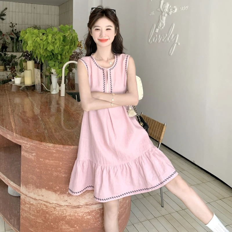 粉色可盐可甜减龄少女无袖荷叶边裙子新款小个子休闲显瘦连衣裙夏