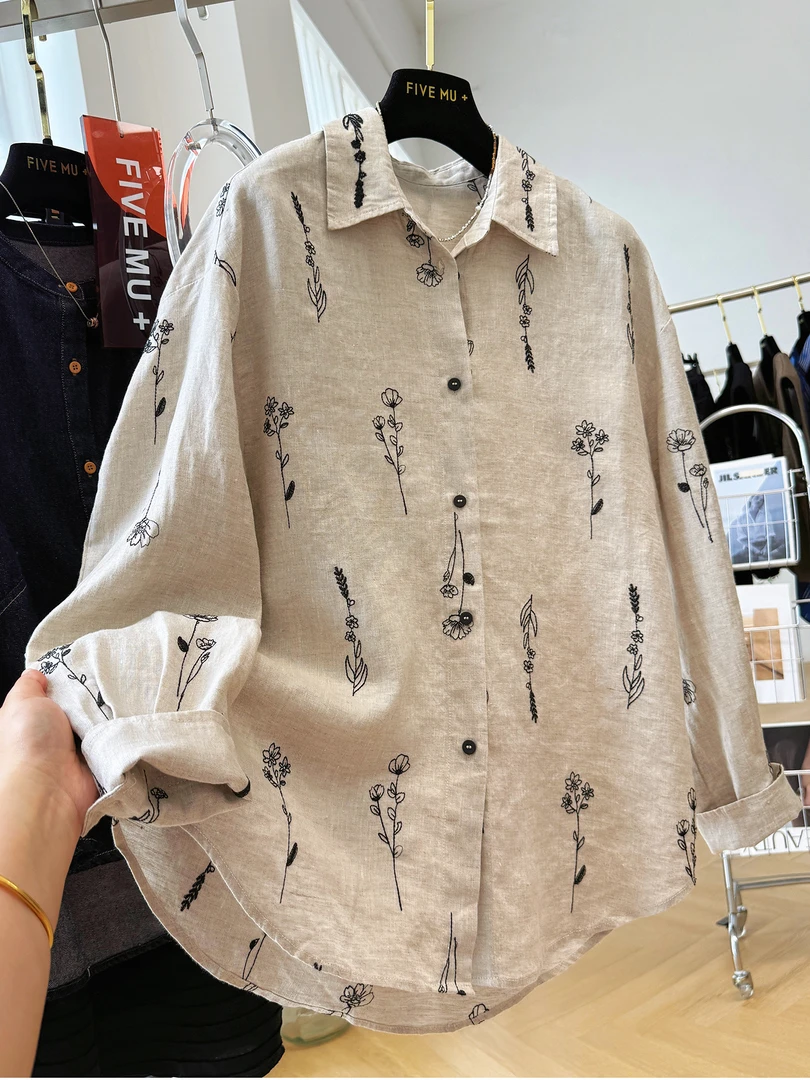 轻奢高级感纯亚麻重工刺绣长袖防晒衬衫女秋季薄款宽松气质上衣潮