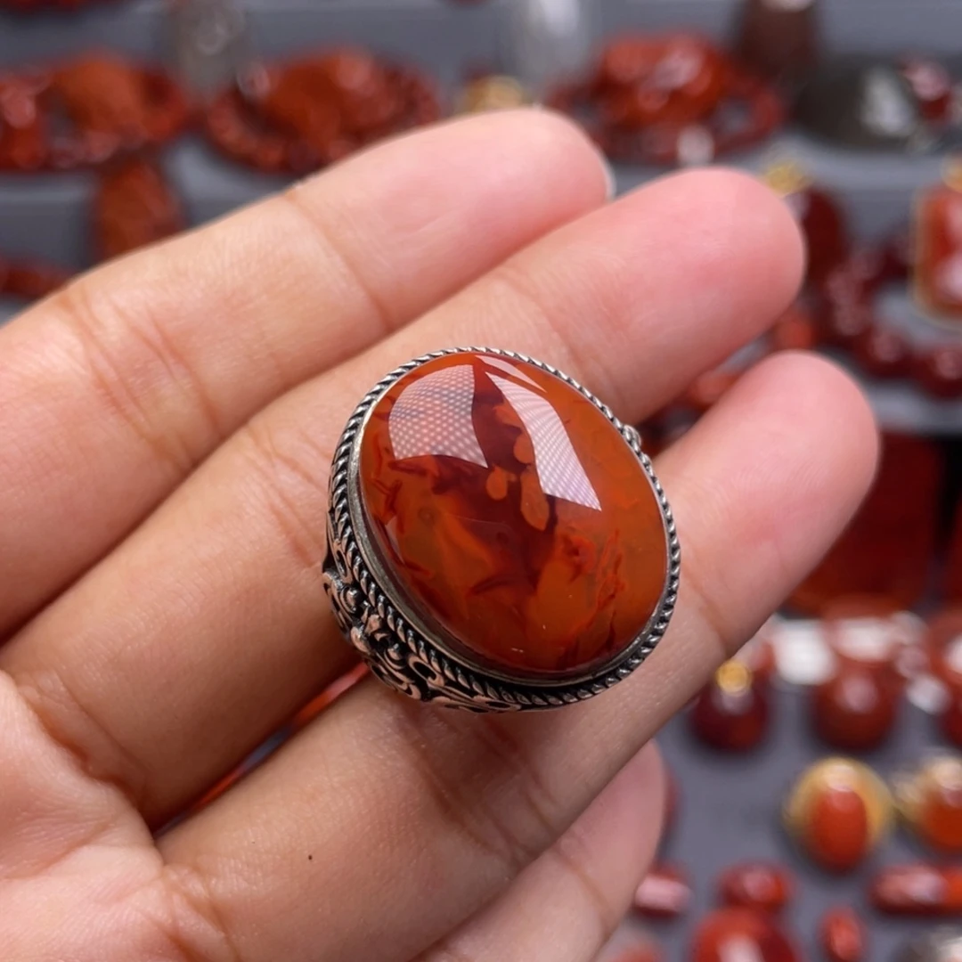 南红玛瑙银S925镶嵌珠宝奇石戒指