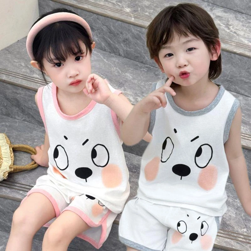 2025夏季新款男女童棉质薄款洋气时尚背心套装卡通超萌无袖T恤D