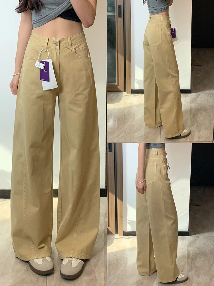 薄款美式复古卡其色阔腿牛仔裤女百搭高腰显瘦垂感直筒宽松长裤夏
