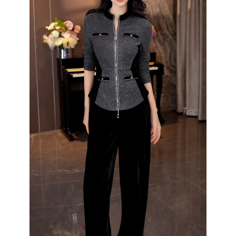 时尚洋气裤套装女2025冬季新款韩系名媛风显瘦开衫上衣+纯色裤子