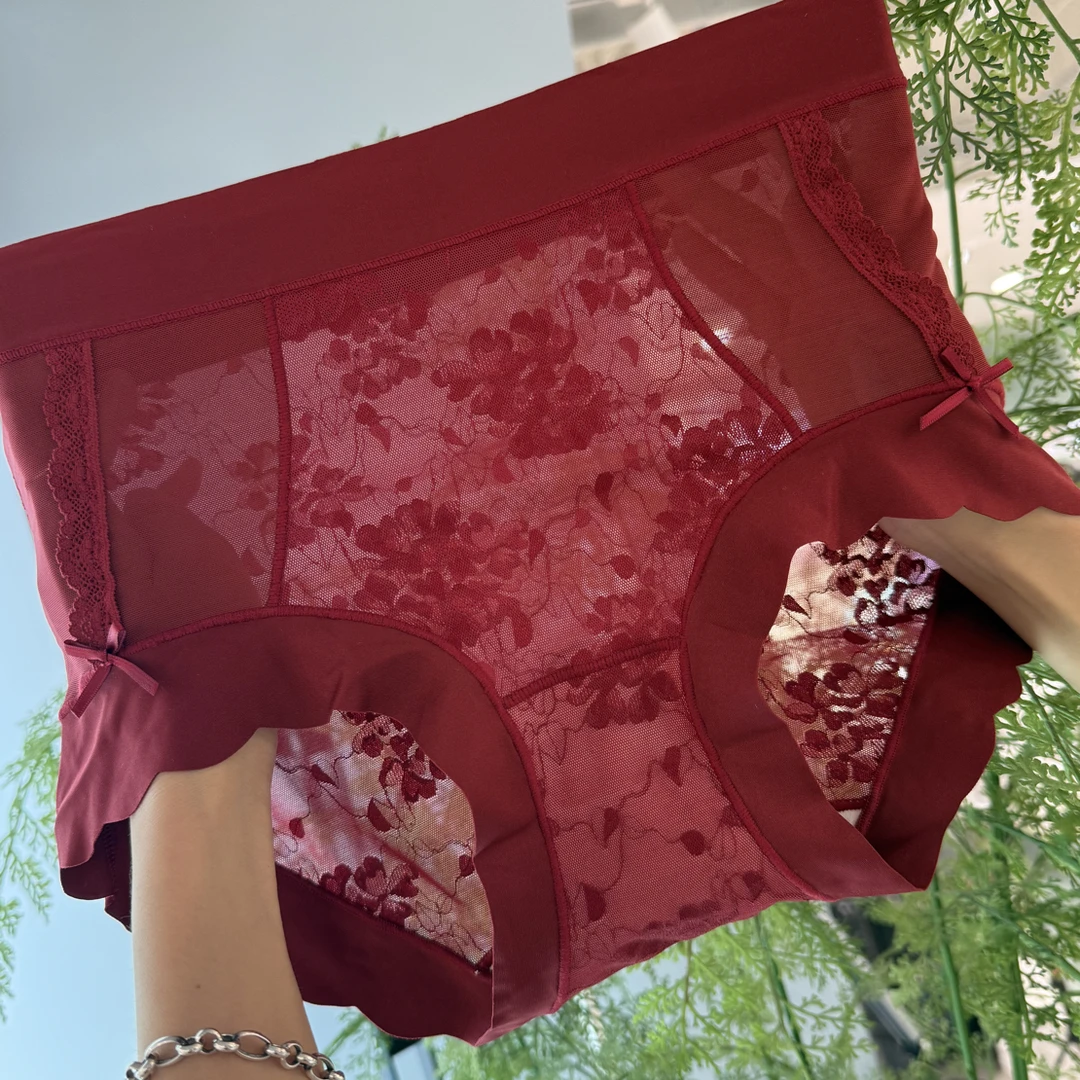 女士中高腰红色蕾丝印花性感舒适透气内裤