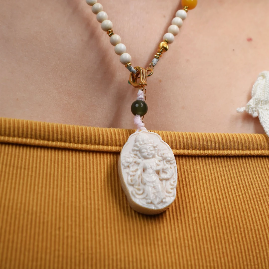 天然保真猛犸牙 绿度母 吊坠百搭DIY文玩手链项链挂件配饰D018