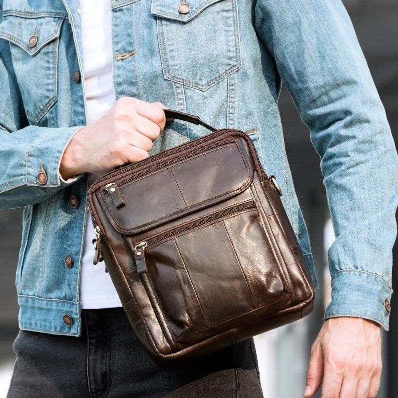 男士真皮商务通勤斜挎包覆古头层牛皮休闲手提包2025新款百搭正装