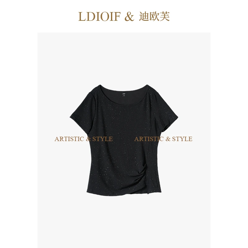迪欧芙|散金格纹提花 / 高弹冰丝料 圆领手褶T恤上衣#XSY18387