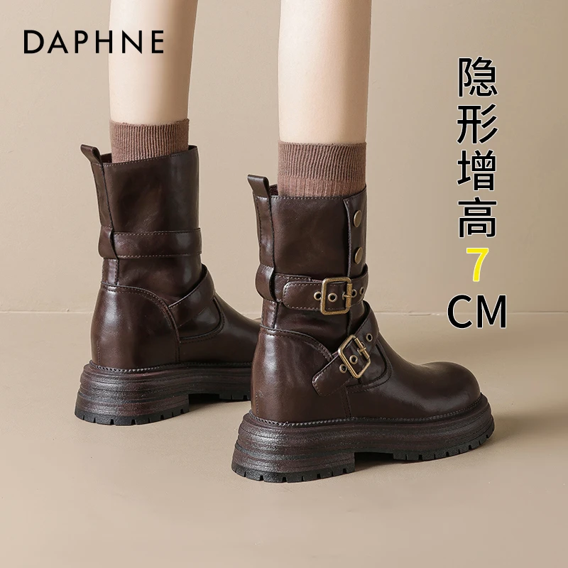 达芙妮棕色马丁短靴女2025新款秋季复古内增高两穿西部牛仔骑士靴