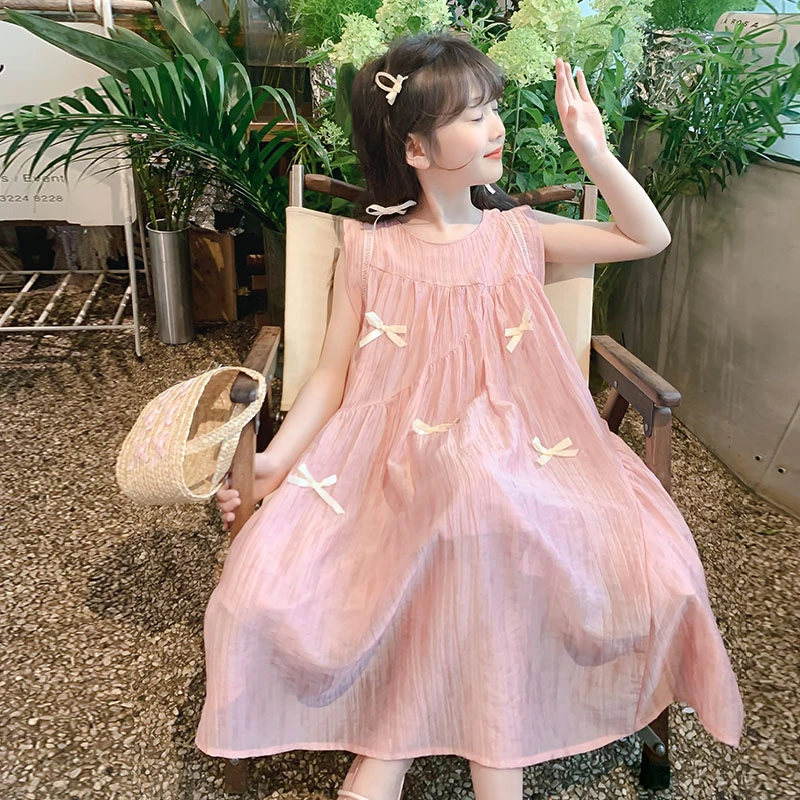 夏季女童无袖连衣裙2025新款儿童洋气公主裙女孩韩版时髦沙滩长裙