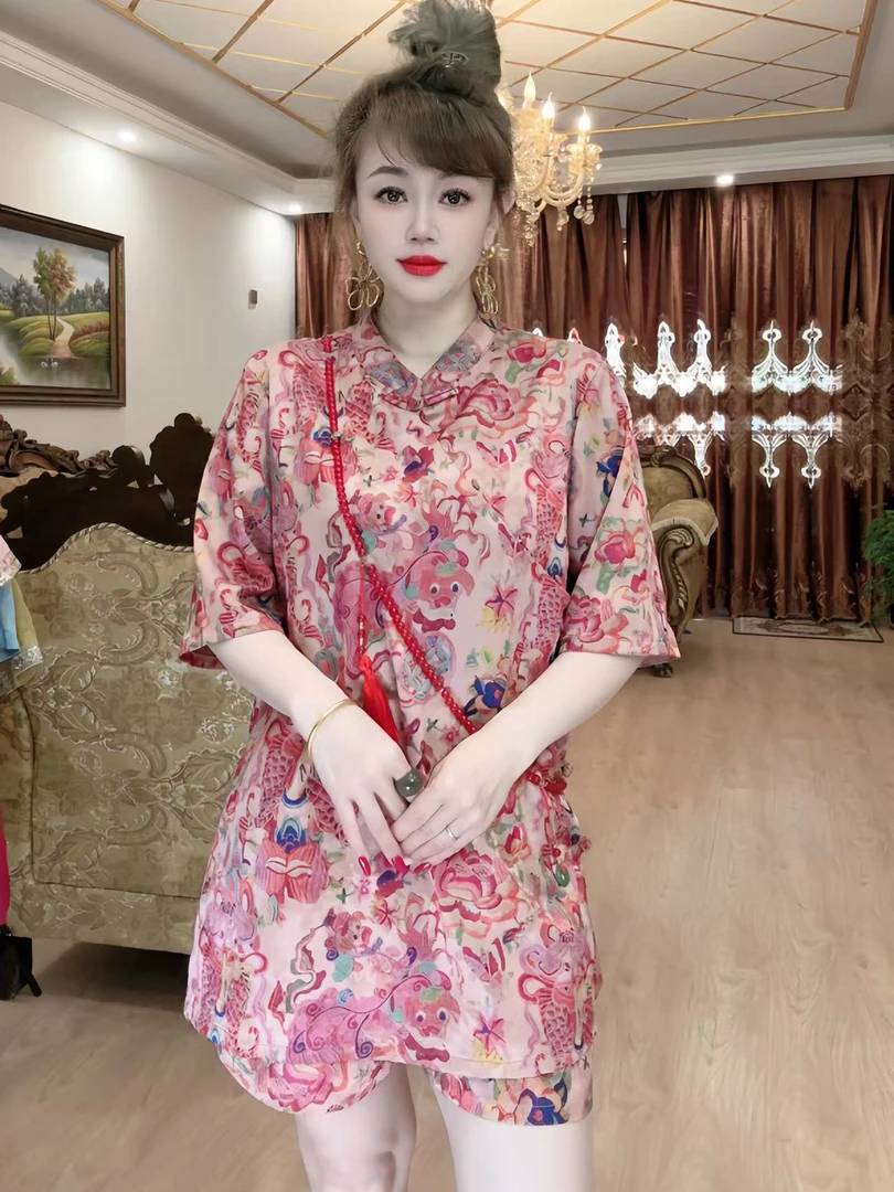 ［国潮风］夏季新款新中式国潮风复古印花盘扣中袖显瘦上衣短裤套装