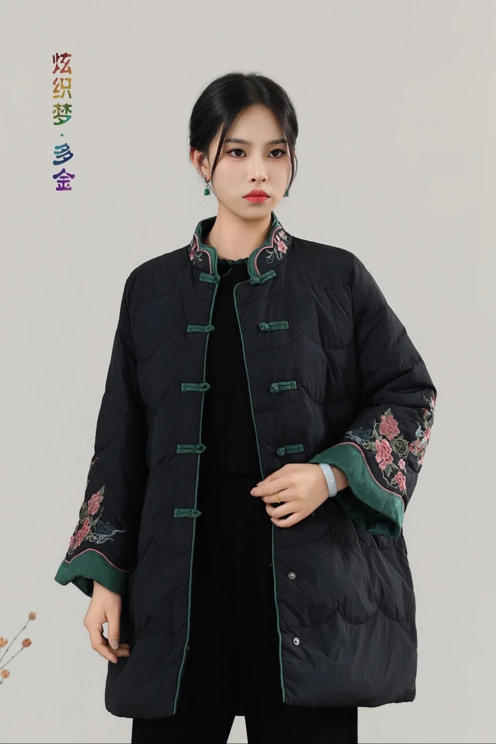 炫织梦多金25年冬中长款对襟袖口刺绣羽绒服复古文艺中国风5335