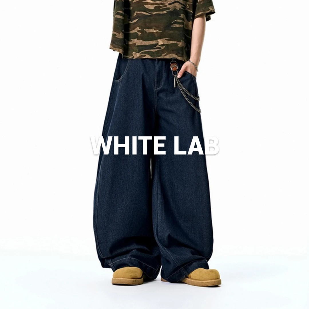 WHITELAB买手店 新品弯刀裤男装街头潮牌直筒廓形洗水牛仔休闲裤