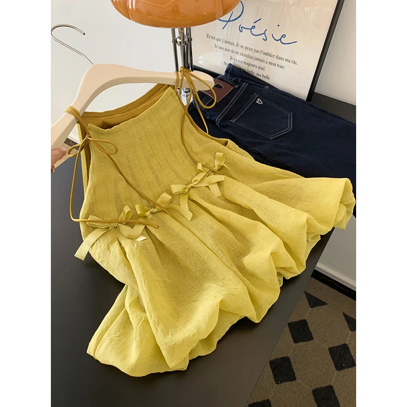 淡人显瘦奶呼呼吊带绝美漂亮小背心女士夏外穿多巴胺无袖花苞上衣