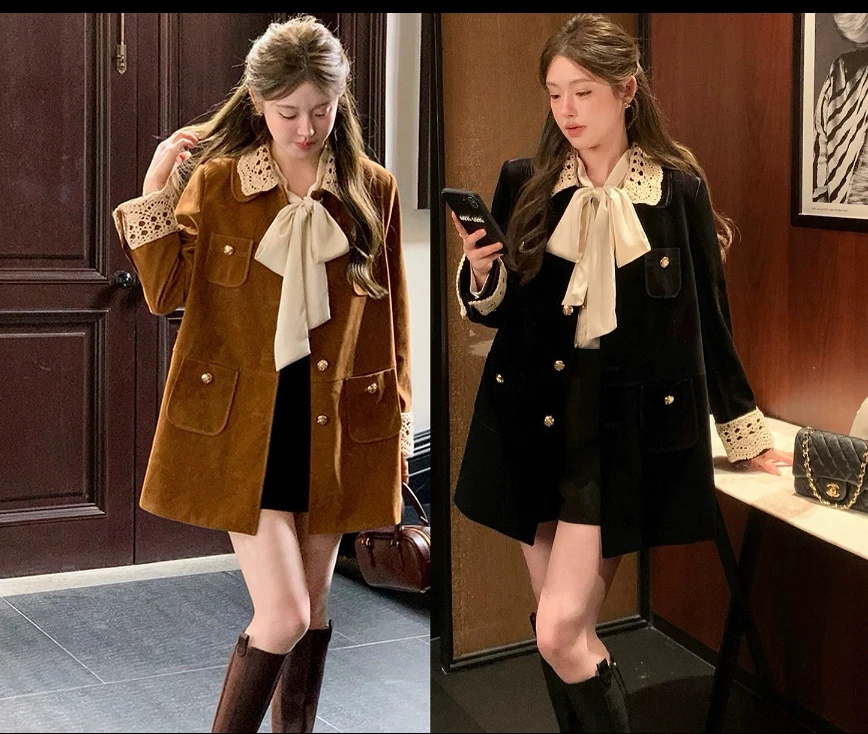 姐魅定制 秋冬新款中长款美拉德色和黑色丝绒外套