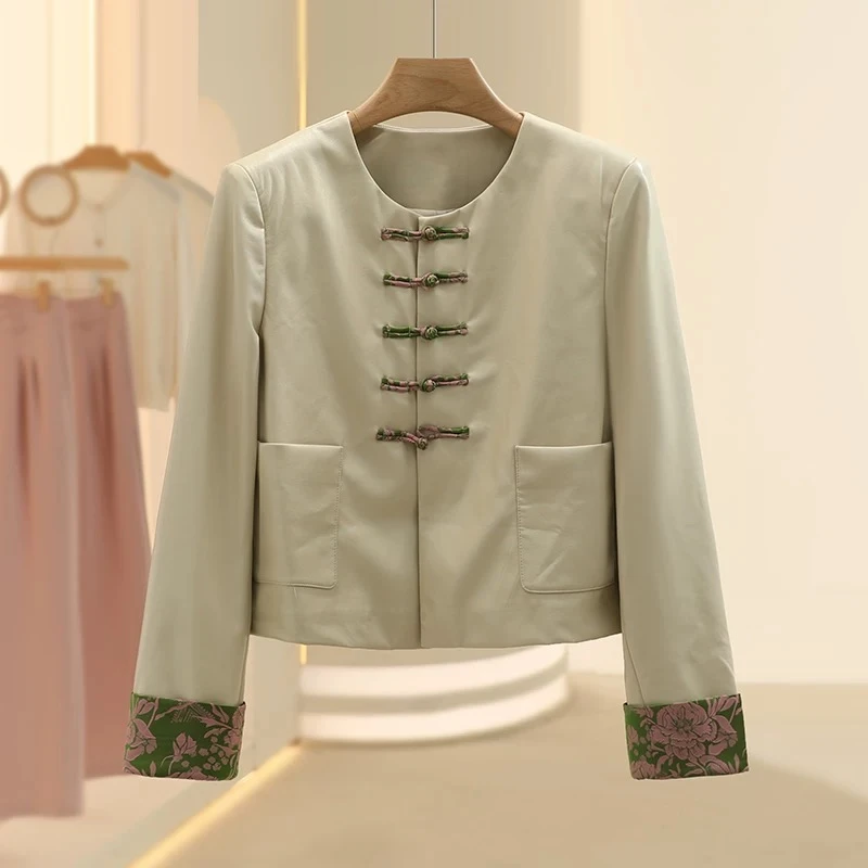 83053 圆领长袖百搭短款套装皮衣春秋女士中国风直筒型上衣