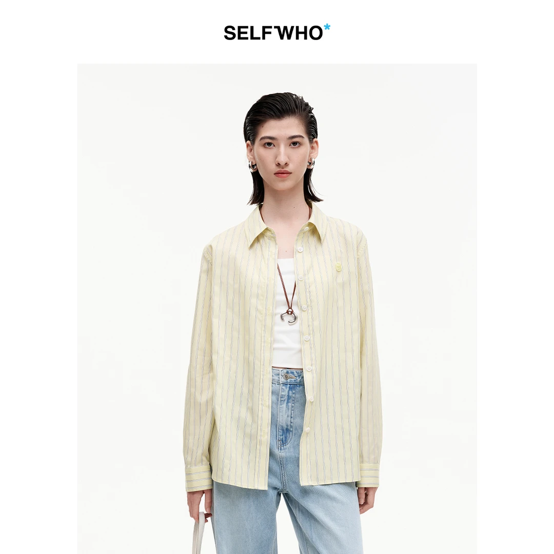 【夏日漫游】SELFWHO笑脸衣橱天丝棉混纺黄色条纹衬衫女翻领上衣