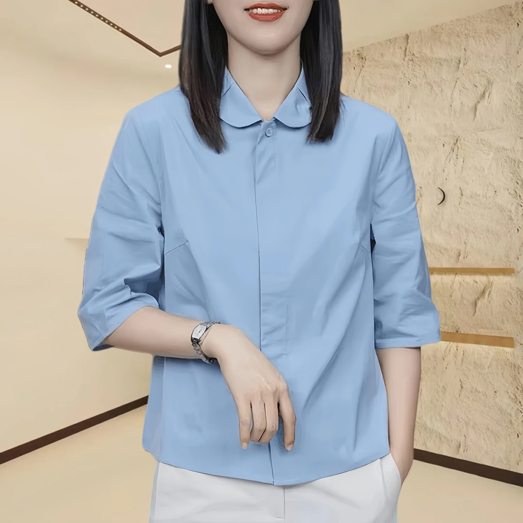 2025新款极简纯色翻领时尚中袖衬衫女夏季慵懒风宽松百搭显瘦上衣