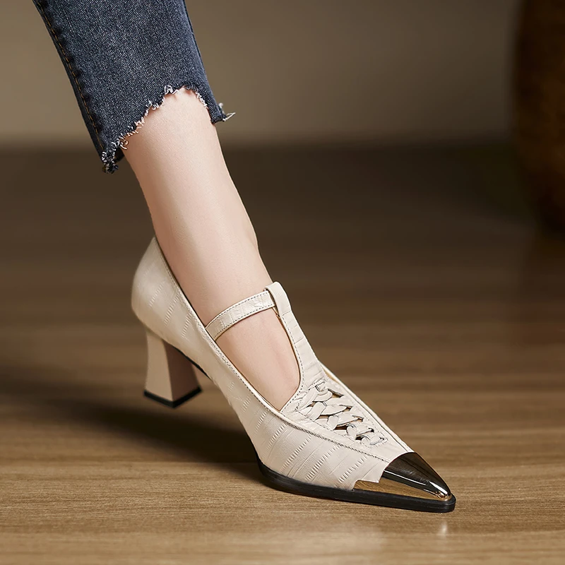 小个子增高6.5cm~法式镂空高跟鞋春夏高级感金属尖头丁字扣单鞋女