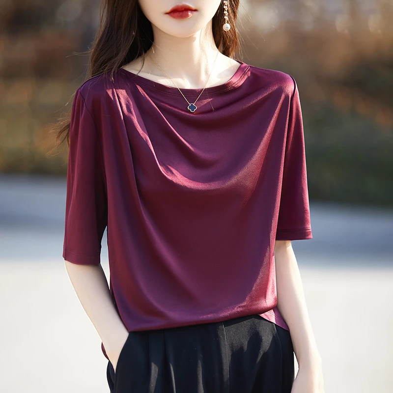 高级感醋酸垂感缎面短袖t恤女一字领褶皱宽松薄款气质半袖上衣夏
