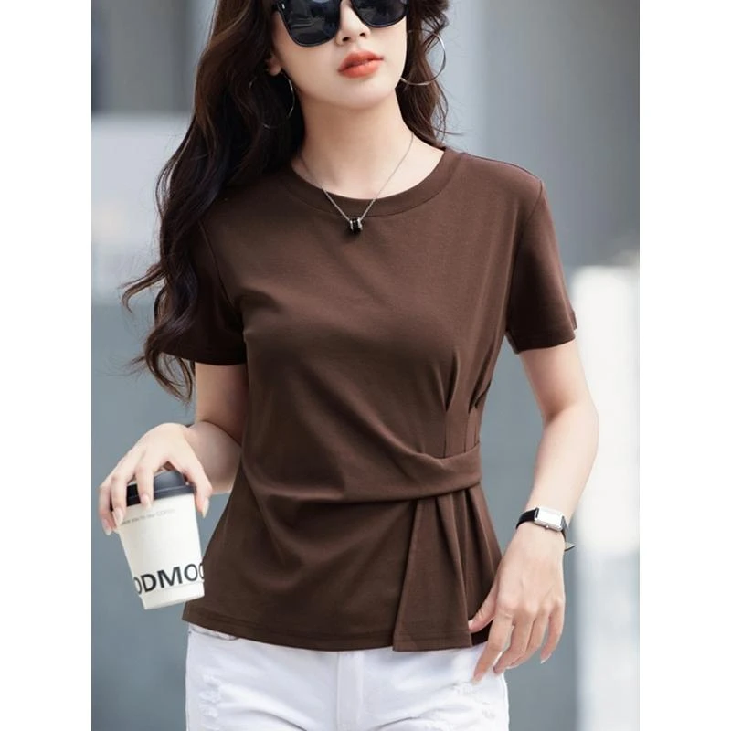 短袖t恤女夏季新款设计感小众修身咖啡好看独特漂亮气质别致上衣
