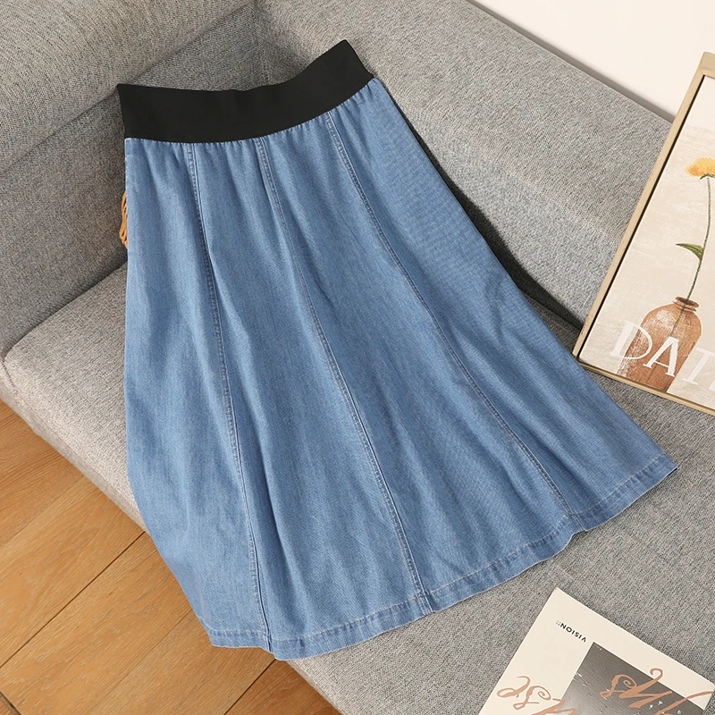 【胖佳佳】牛仔伞面裙女夏季撞色高腰显瘦气质中长款裙子HG223293