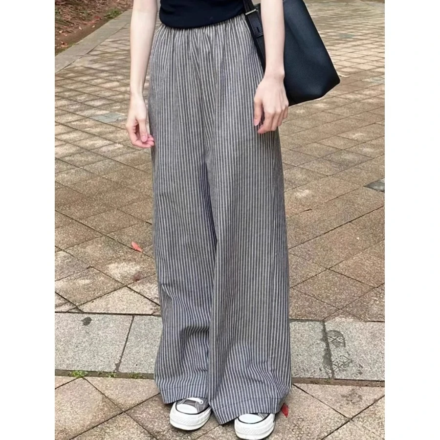 灰色条纹舒适阔腿裤女夏季松紧腰宽松百搭直筒休闲裤显瘦时尚长裤