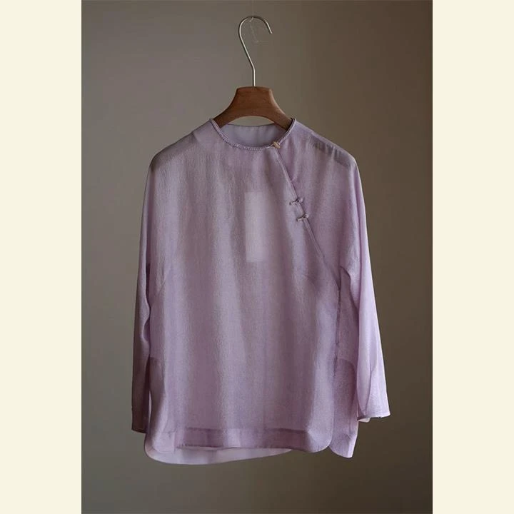 新中式轻国风禅意小衫独特超好看轻奢高级感紫色雪纺盘扣衬衫女夏