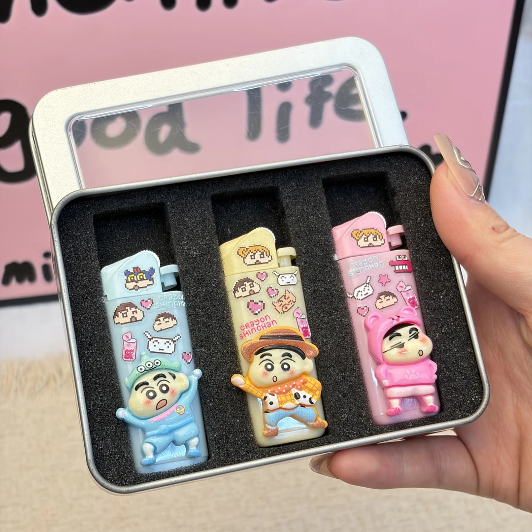 原创蜡笔小新打火机砂轮明火高颜值手工可爱卡通明火送对象礼物