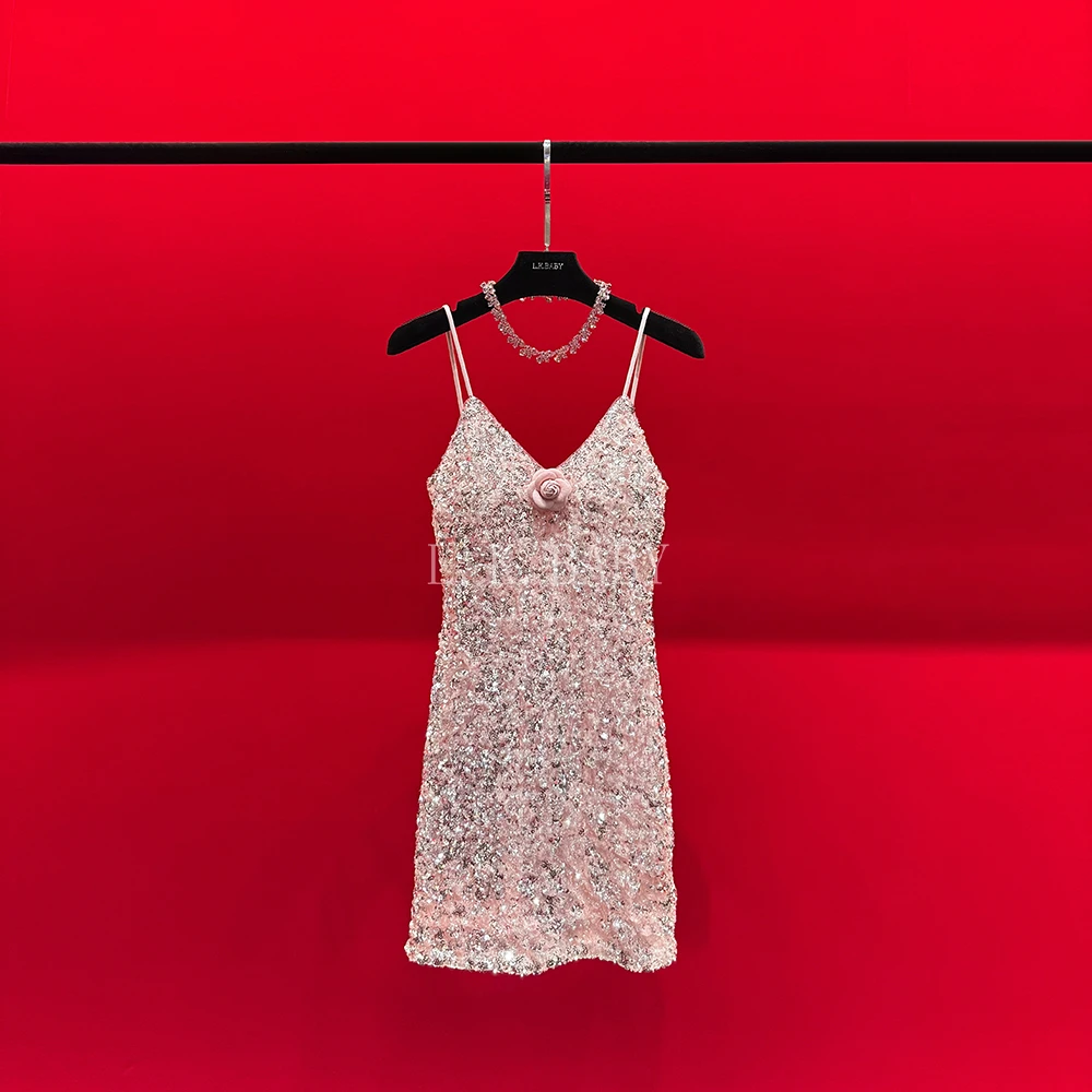 【L.K.BABY】妖桃淑女  法式轻奢礼服旖旎亮片性感吊带露背连衣裙