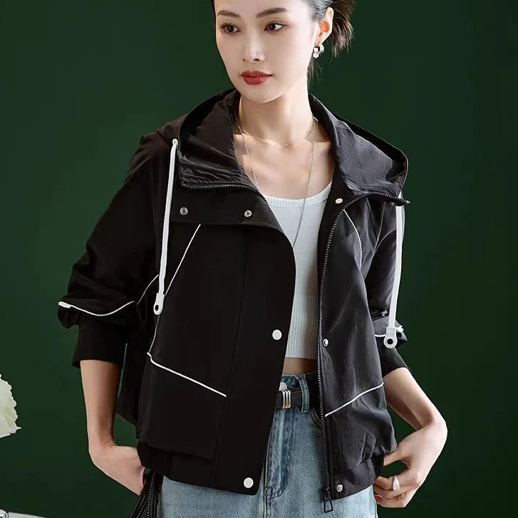 【HW511】2025秋季新款休闲连帽风衣女短款小个子百搭宽松短外套