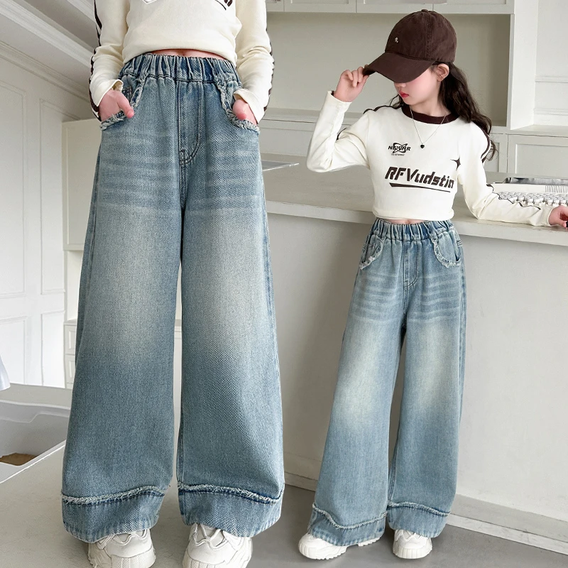 春季新款女童牛仔裤脚口拼接儿童裤子女孩阔腿裤潮zb5252简约童品