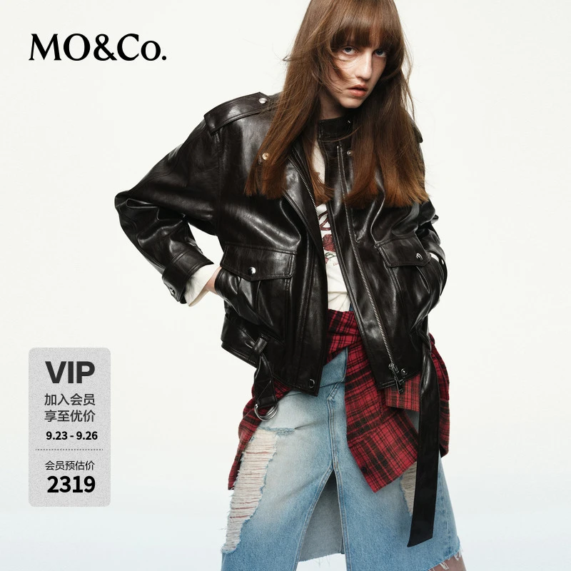 MOCO夹克2025秋新品怀旧素皮夹克机车风立领短款附腰带MBE3JKTT12