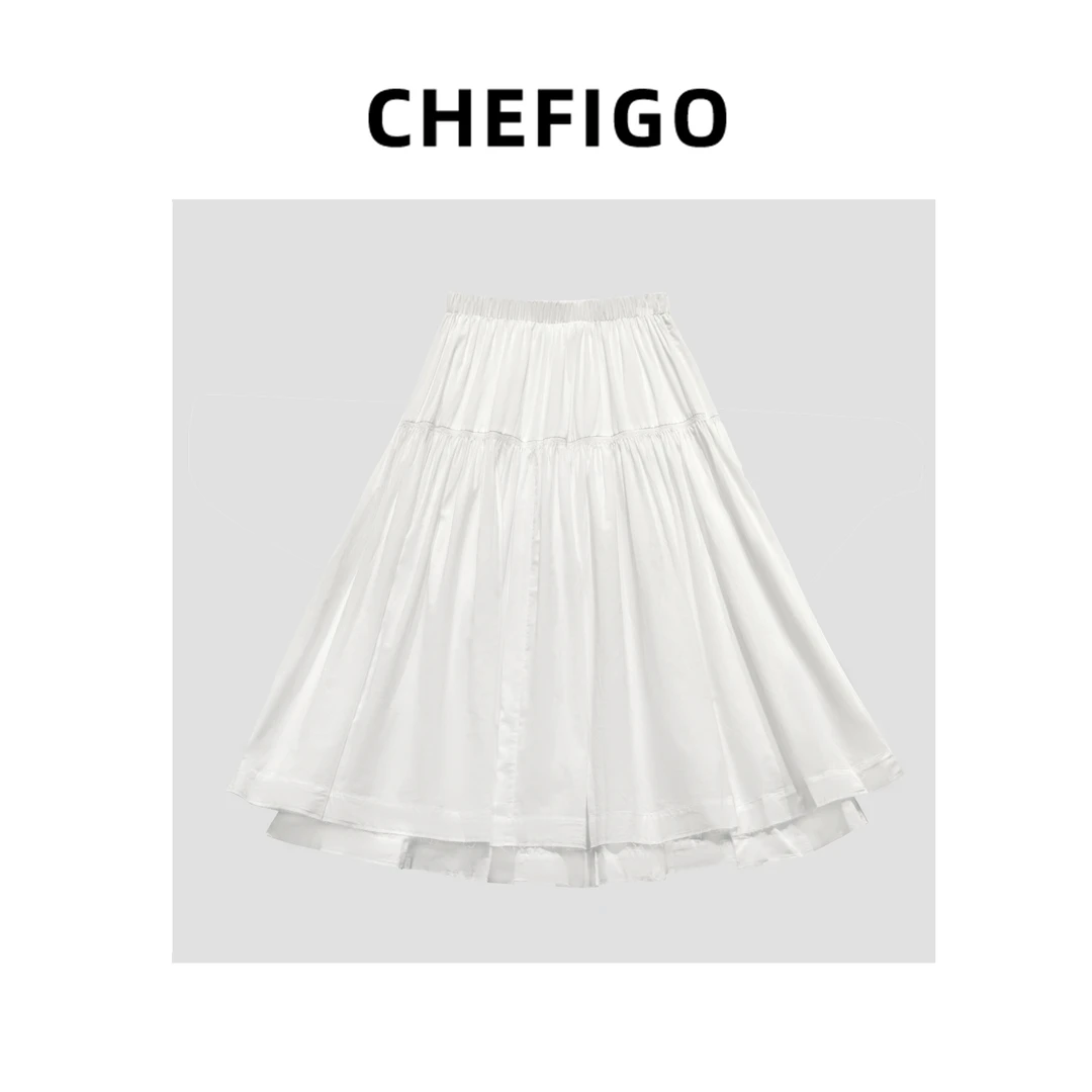 CHEFIGO水洗丝棉双层叠褶伞裙