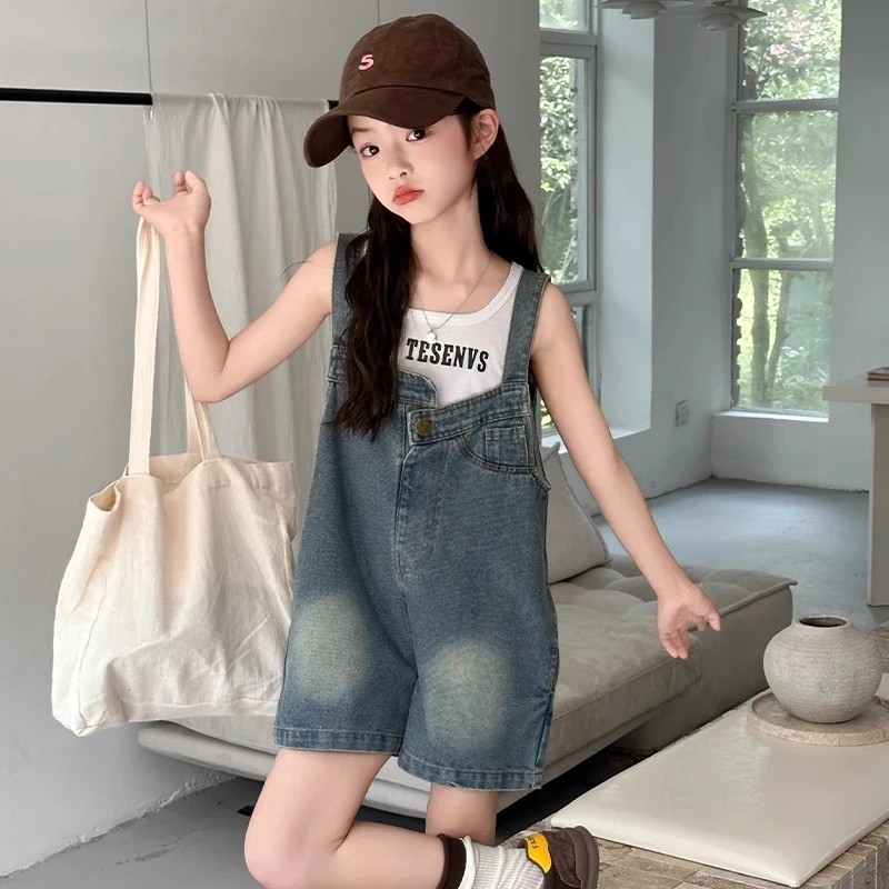 女童背带裤套装夏季2025新款儿童背带短裤网红洋气复古大童吊带裤