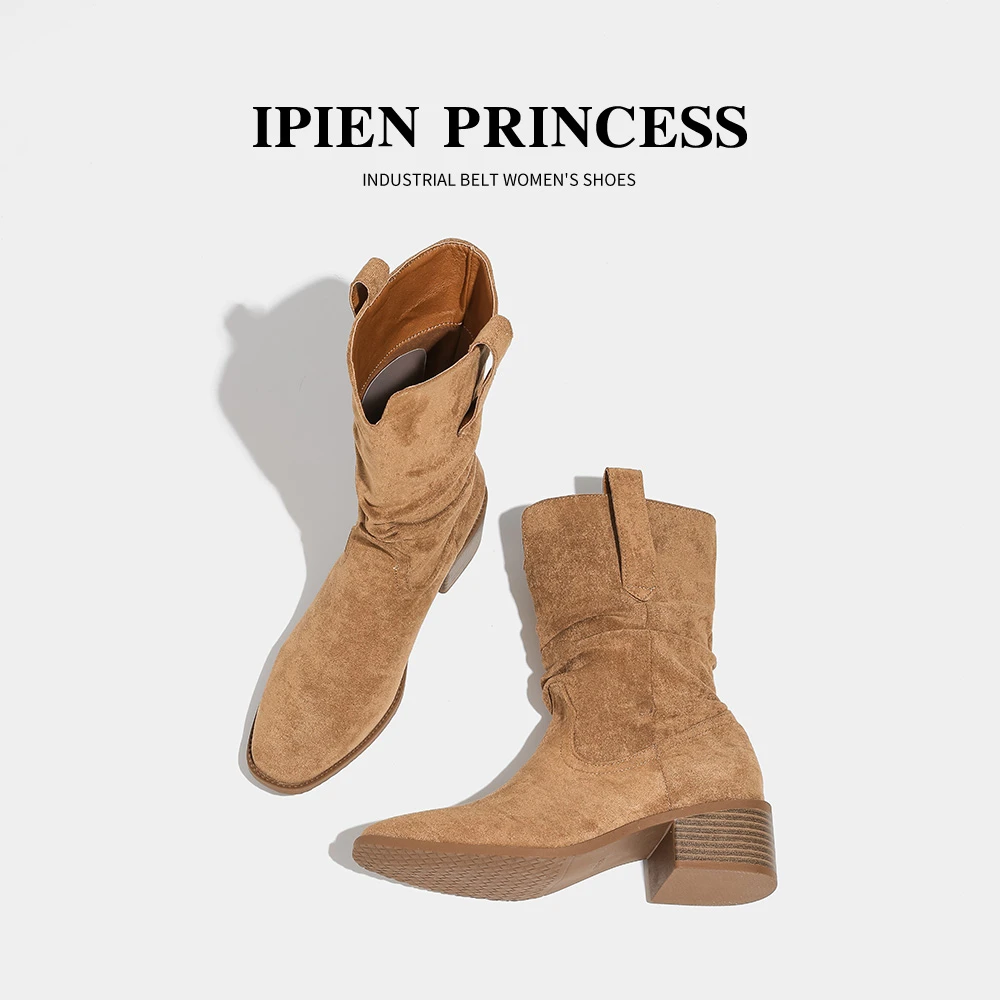 内增高棕色美拉德堆堆马丁靴女复古粗跟骑士靴套筒显瘦短靴牛仔靴