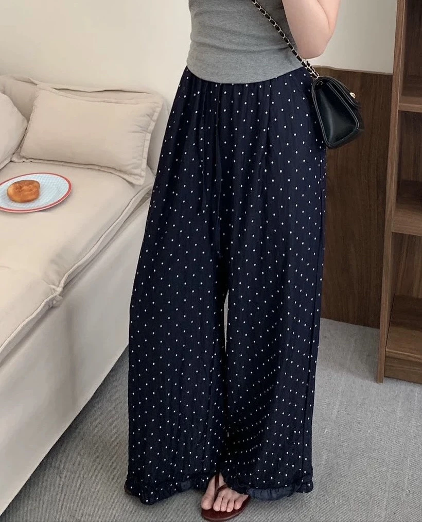2025年夏季新款九分裤百搭显瘦松紧腰木耳边波点阔腿休闲裤