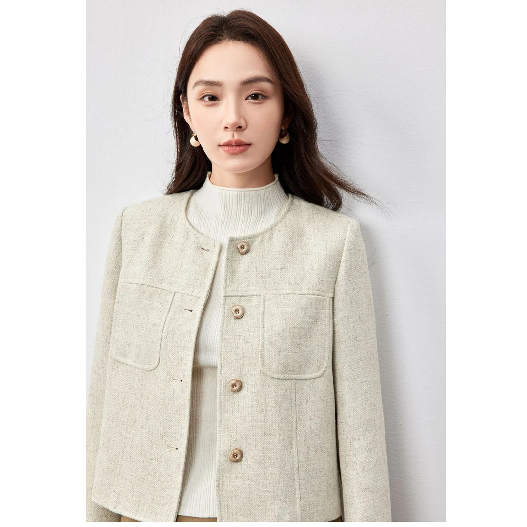 尚都比拉【含亚麻外套女】时尚气质通勤开衫上衣小香风外套58693