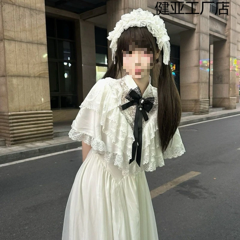 2025夏季日系新款甜美地雷双层蝴蝶结半袖显瘦蕾丝连衣裙长裙