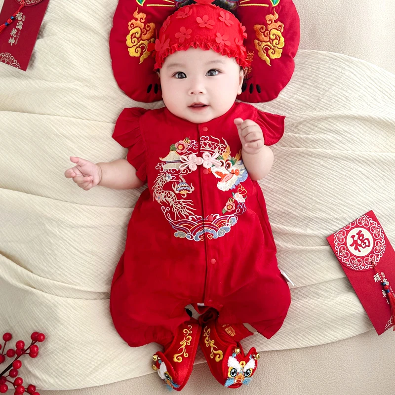 龙年女宝宝连体衣爬服红色哈衣国风满月百天周岁抓周礼服6292
