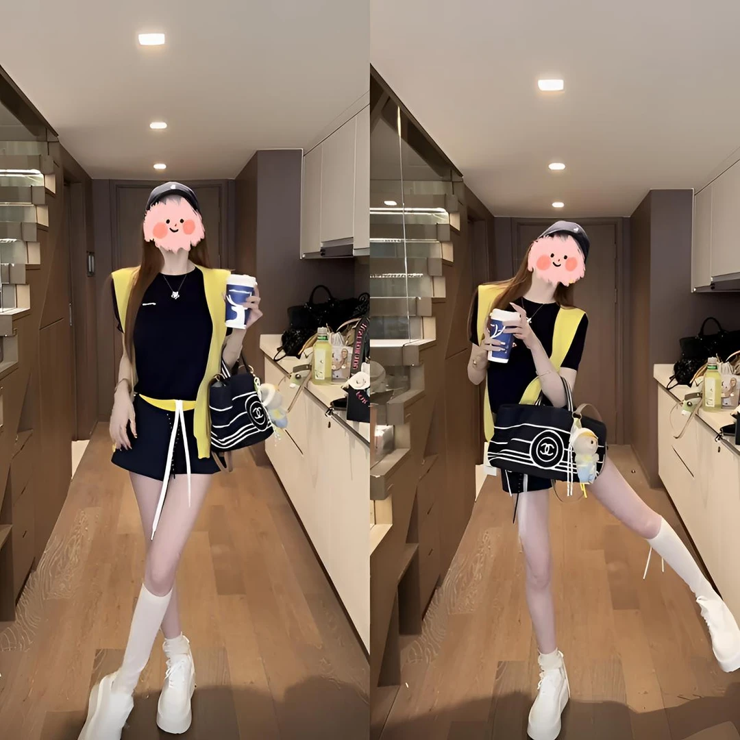 纯欲少女辣妹风修身显瘦百搭披肩上衣+美式运动抽绳撞色短裤套装