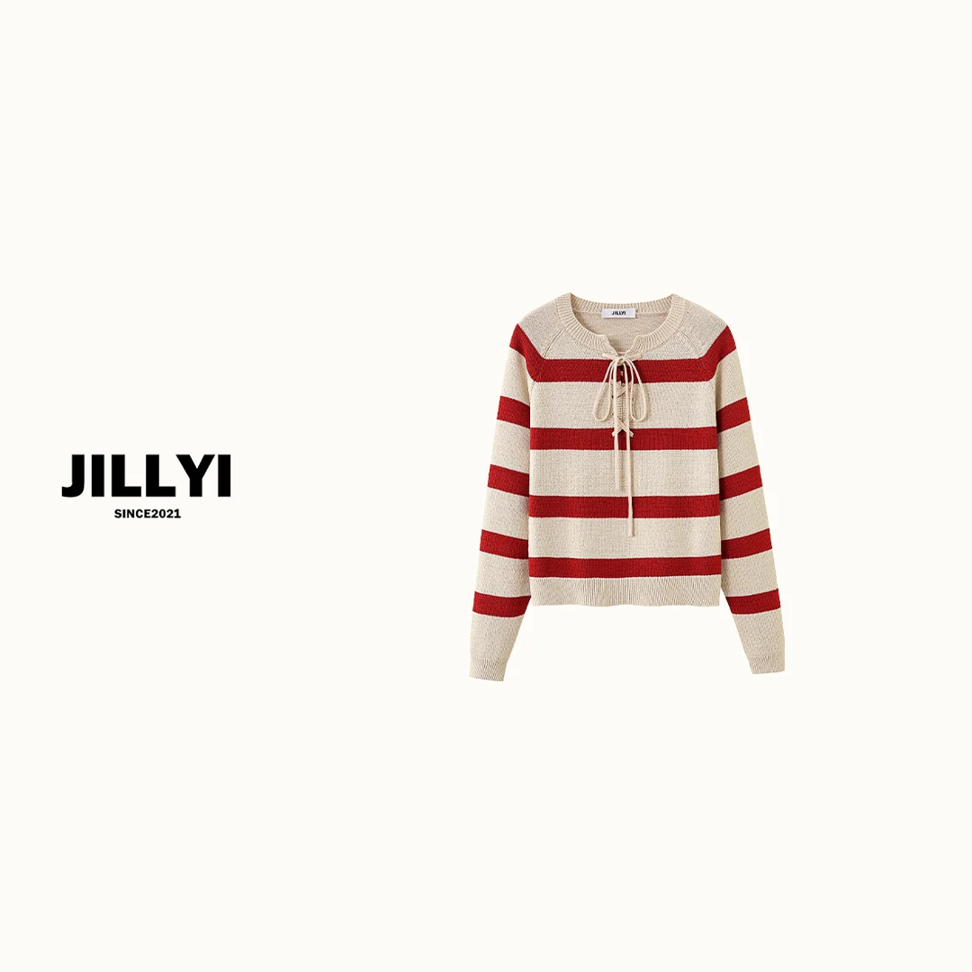 JILLYI南山店【心动作战】红色条纹领口编织绑带少女气质百搭针织衫