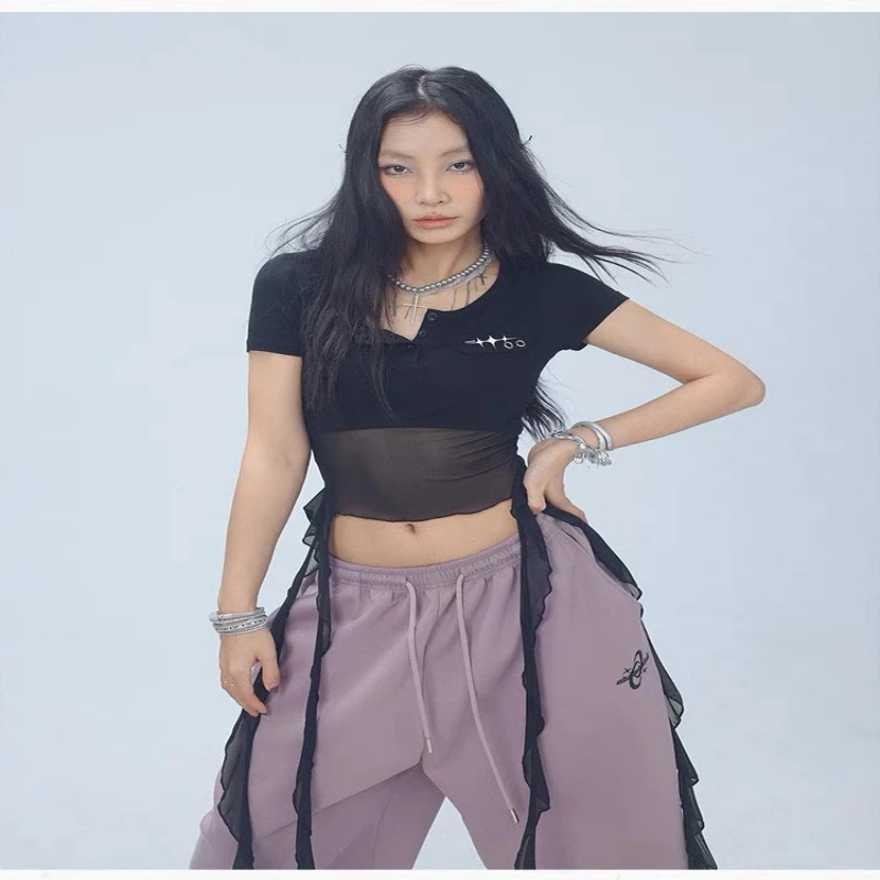 纯欲风网纱流苏短袖T恤夏季辣妹显瘦修身露脐小众时尚上衣运动