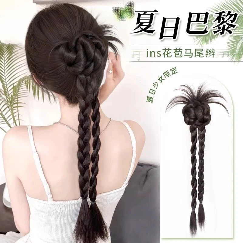假发辫子女夏日清爽ins慵懒感鸡毛花苞抓夹扭扭辫仿真假发辫马尾