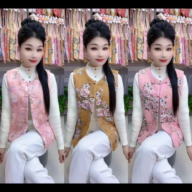 秋冬季(鹿皮绒加棉)女士新中式复古风国风棉马甲