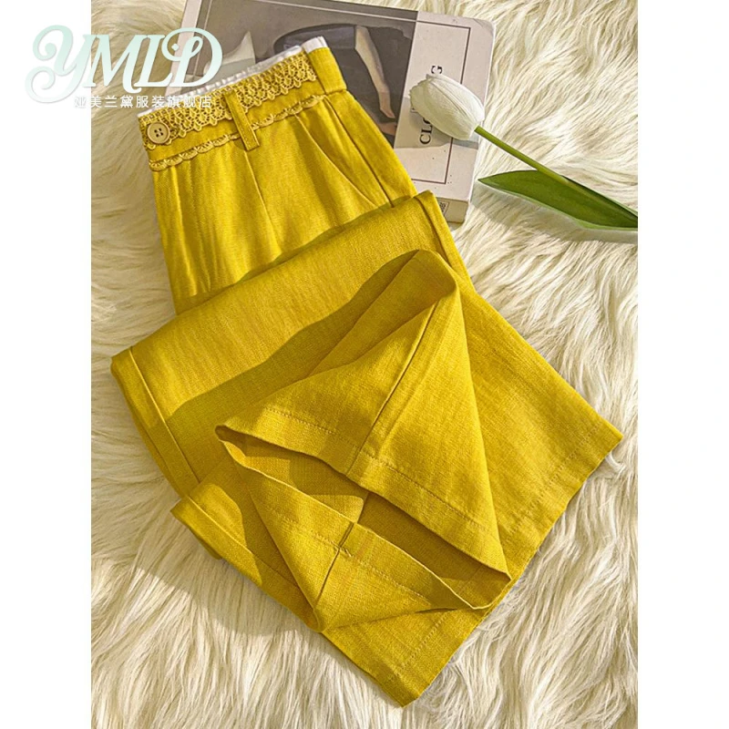 藏青色亚麻阔腿裤女夏薄款2025新款高腰显瘦小个子裤子九分苎麻裤