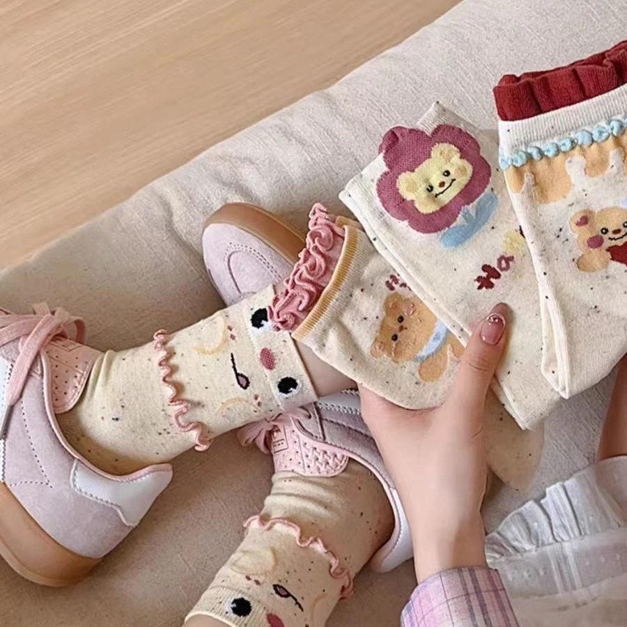 春夏季学院风花边推推袜卡通爱心小熊日系甜美双层中筒袜个性袜yj