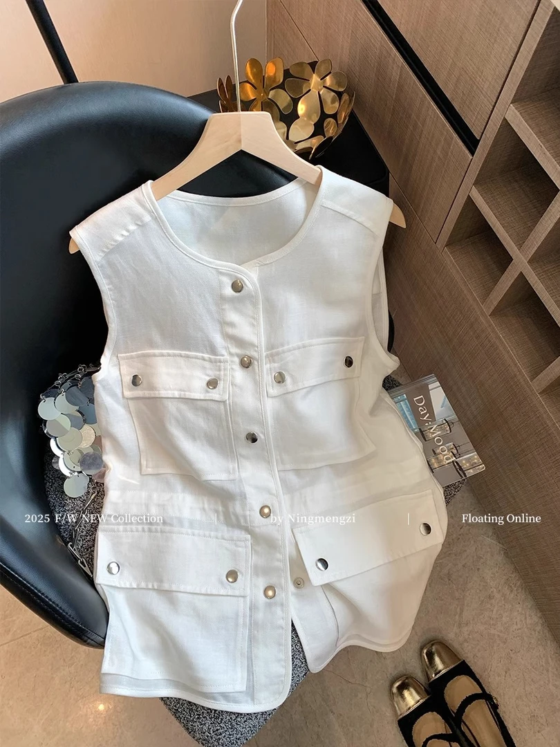 老钱风白色口袋亚麻衬衫马甲2025夏季松弛感时尚百搭简约无袖上衣