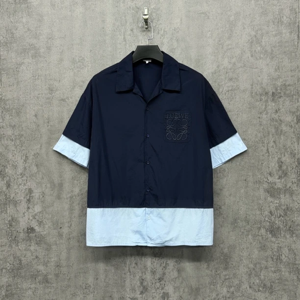 未使用 LOEWE/罗意威 25新款浮雕Logo刺绣拼接短袖衬衫/WK379/38